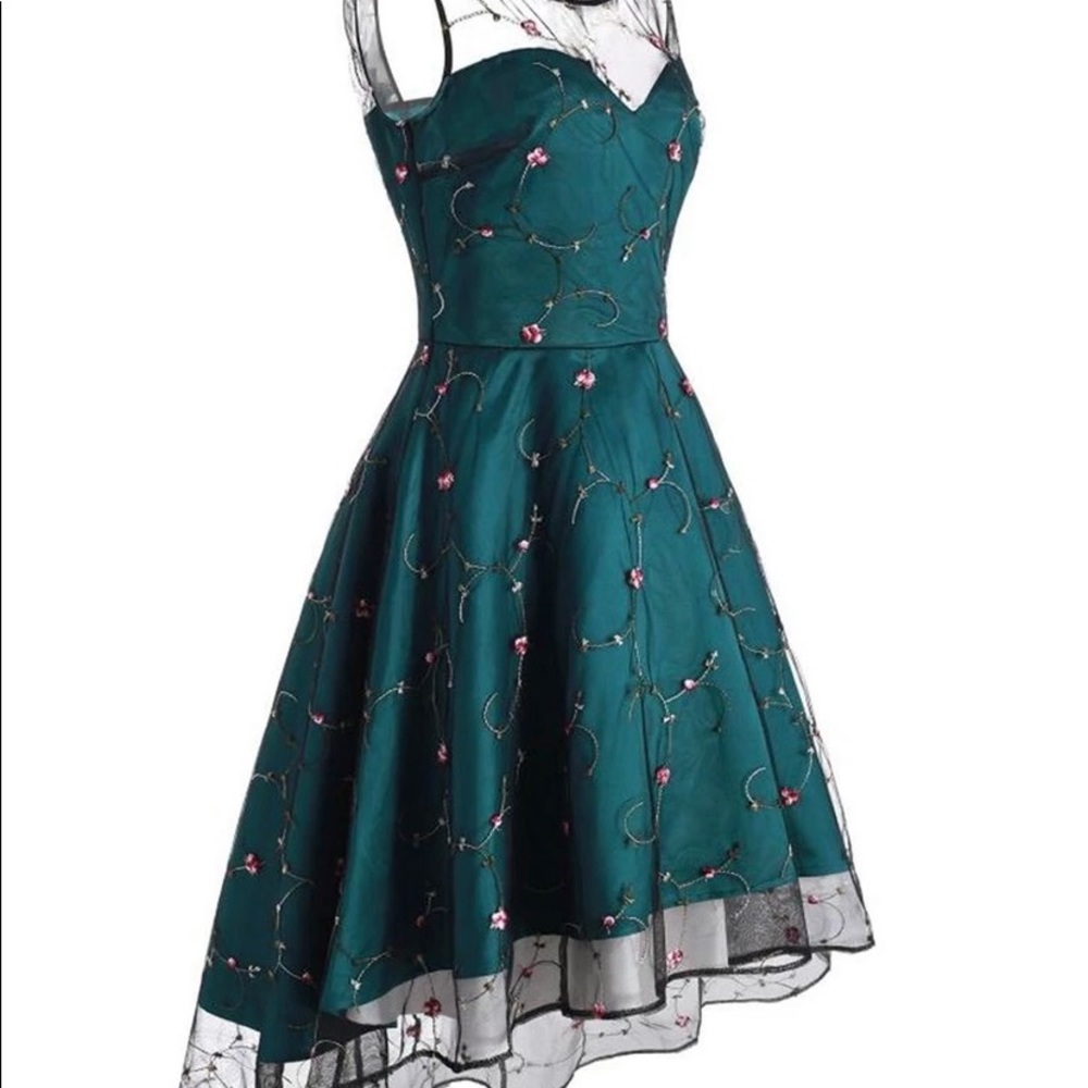 Vintage inspired high-low mesh embroidered dress